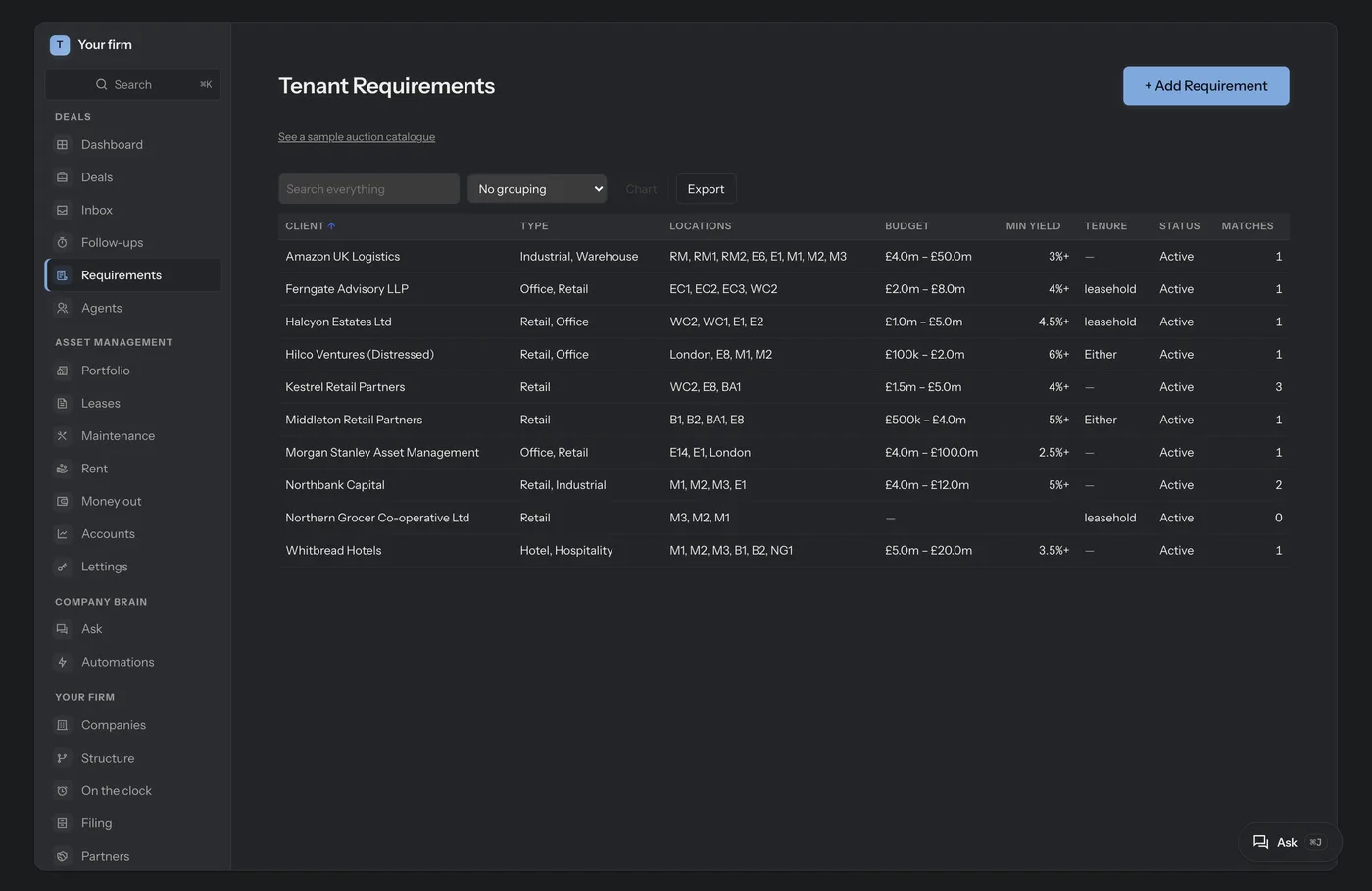 Tenant requirements: client, type, locations, budget, minimum yield, tenure and how many deals currently match.